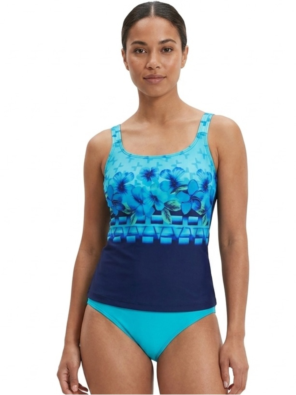 Speedo Blue Floral Ombre Tankini Swim Top Built-In Shelf Bra Size 10 Fits 8